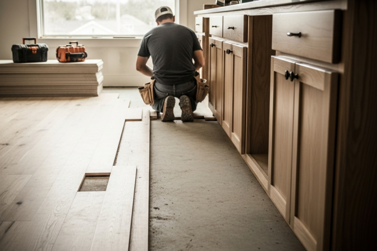 hardwood flooring before or after cabinets